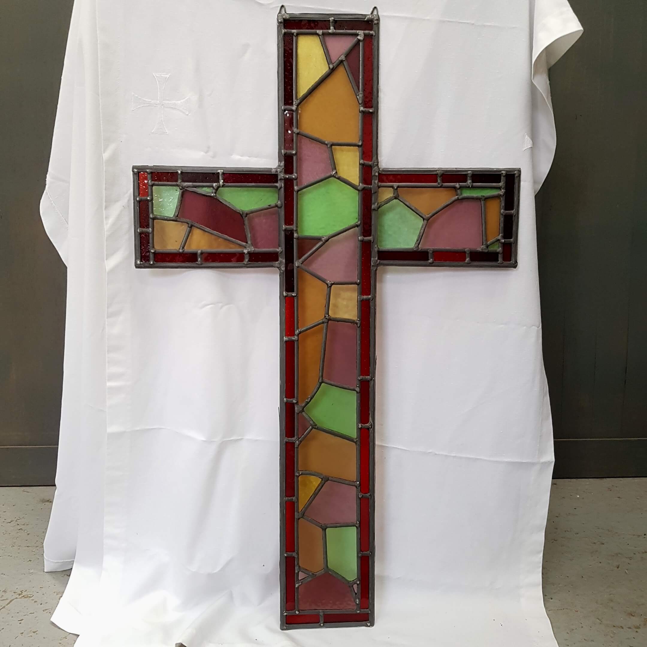 One Metre Tall Stained Glass Cross Window Hanger Sold Antique