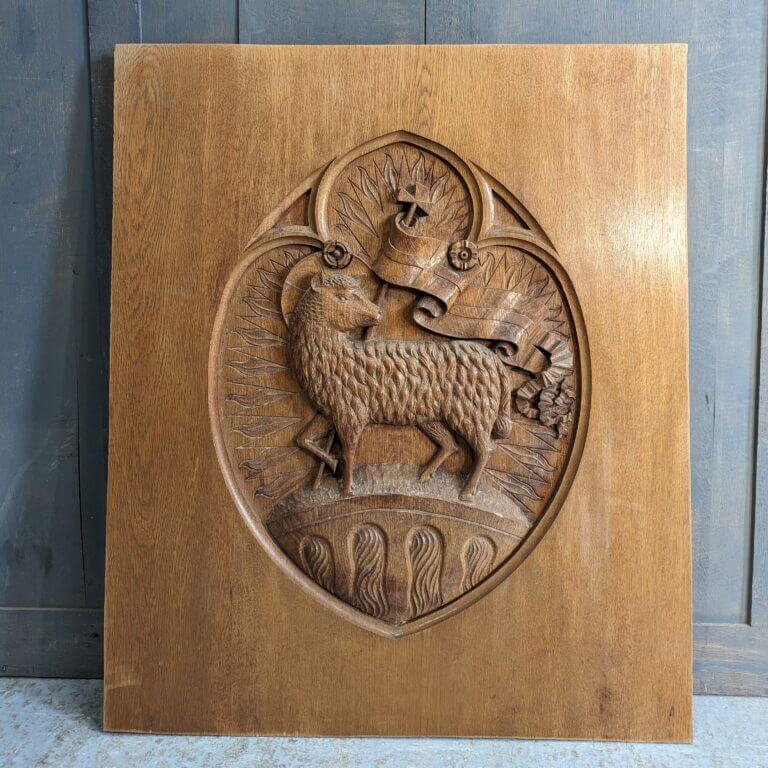 Large Religious Carved Oak Wall Plaque Of The Lamb Of God