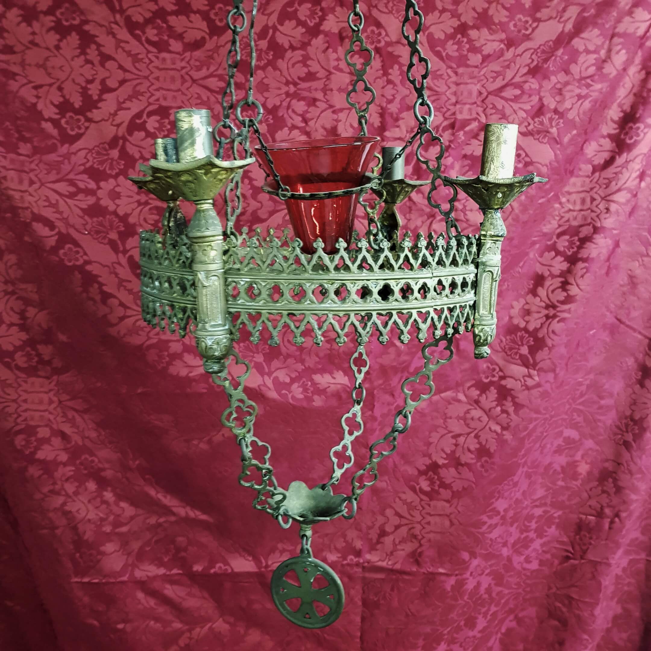 Antique French Gothic Brass Sanctuary Lamp with Red Candleholder ...