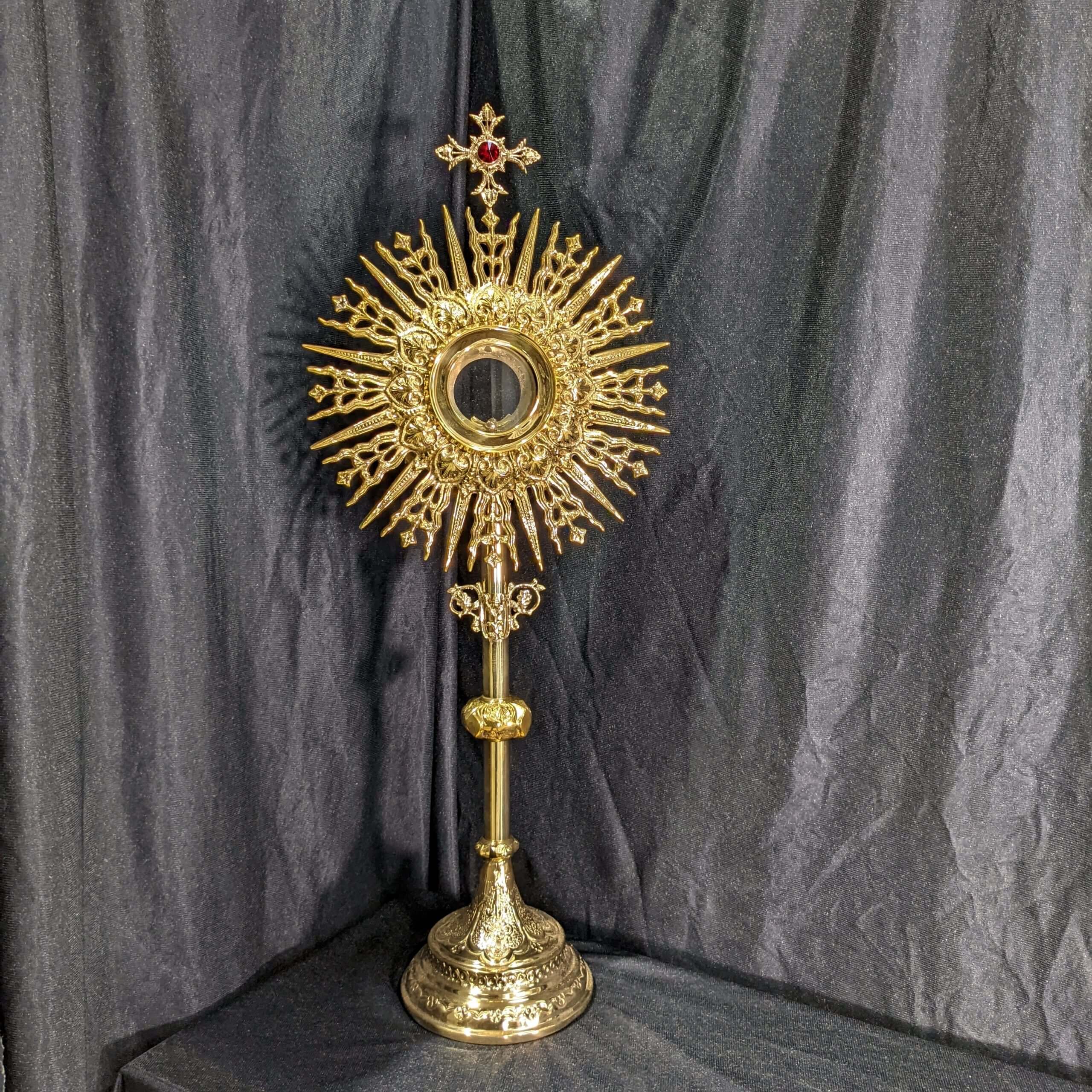 Large Ornate Starburst Solid Brass Monstrance With Cross Faux Ruby