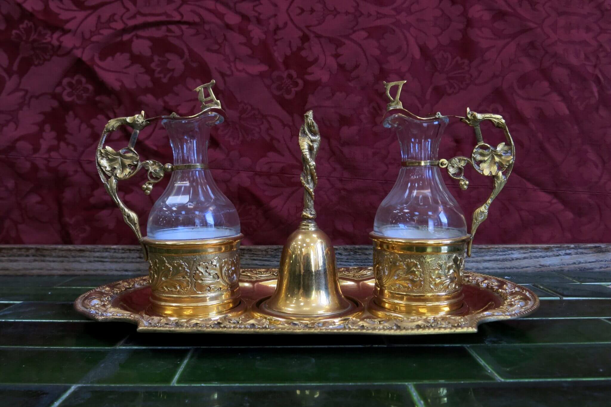 Fabulous Antique Top End Gilt Gold Plated Altar Cruet Set with Sacring