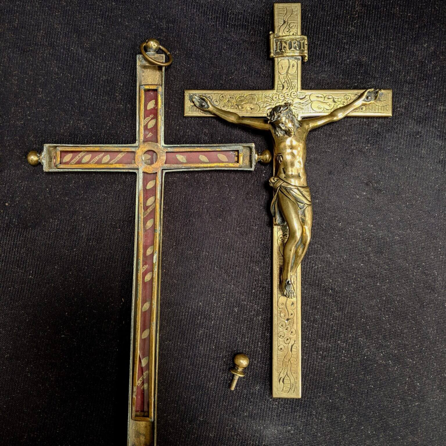 Rare and Special Late 19th Century Brass Reliquary Crucifix Cross (SOLD