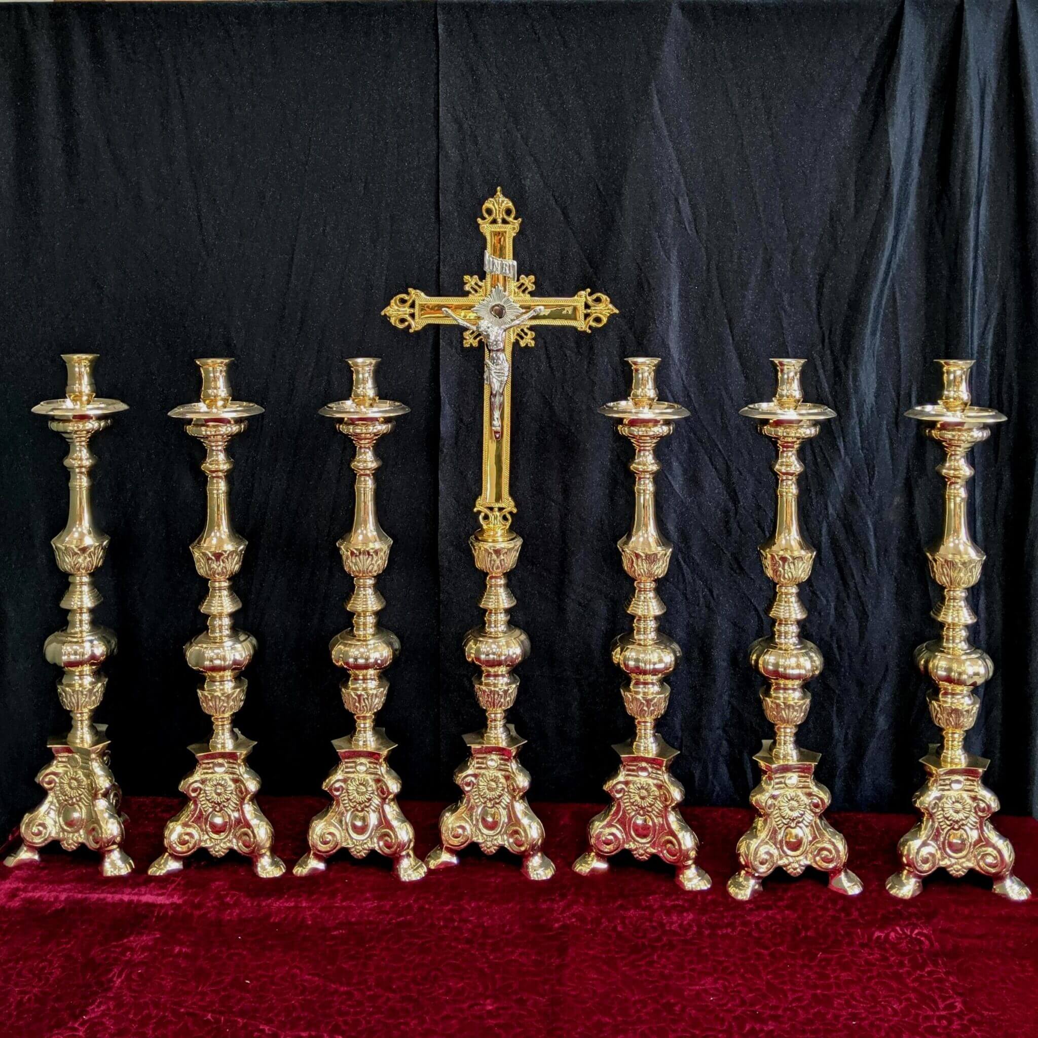 Classic Heavy Brass Large Size 'Big Six' Set of Candlesticks & Crucifix