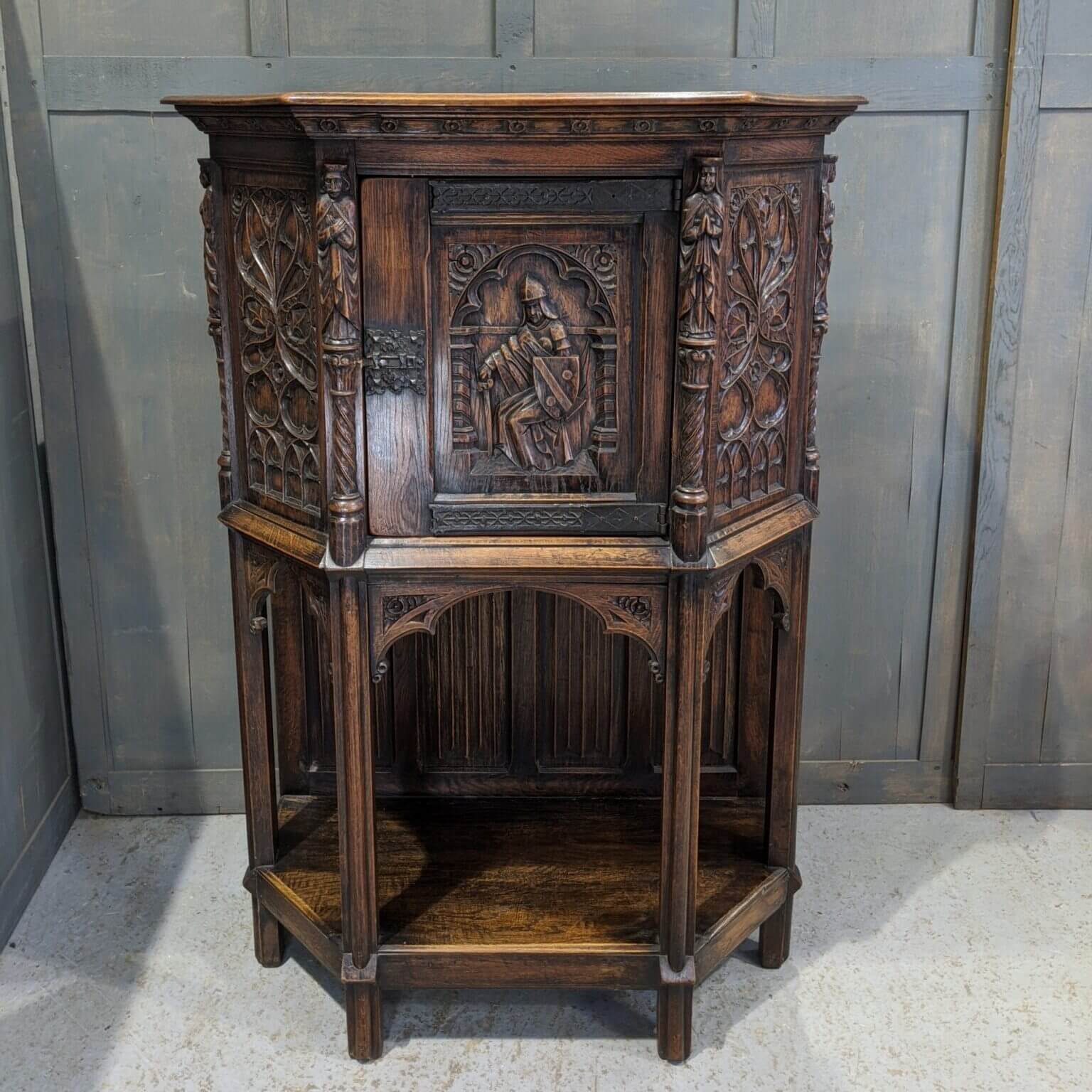 Antique Gothic Ecclesiastical Inspired Carved Oak Cupboard on