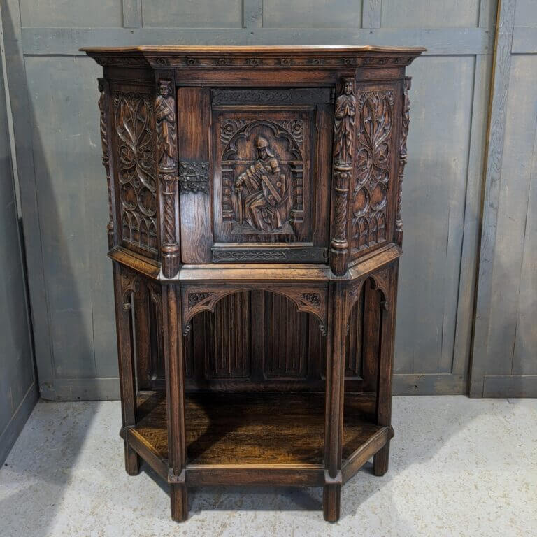Antique Gothic Ecclesiastical Inspired Carved Oak Cupboard on