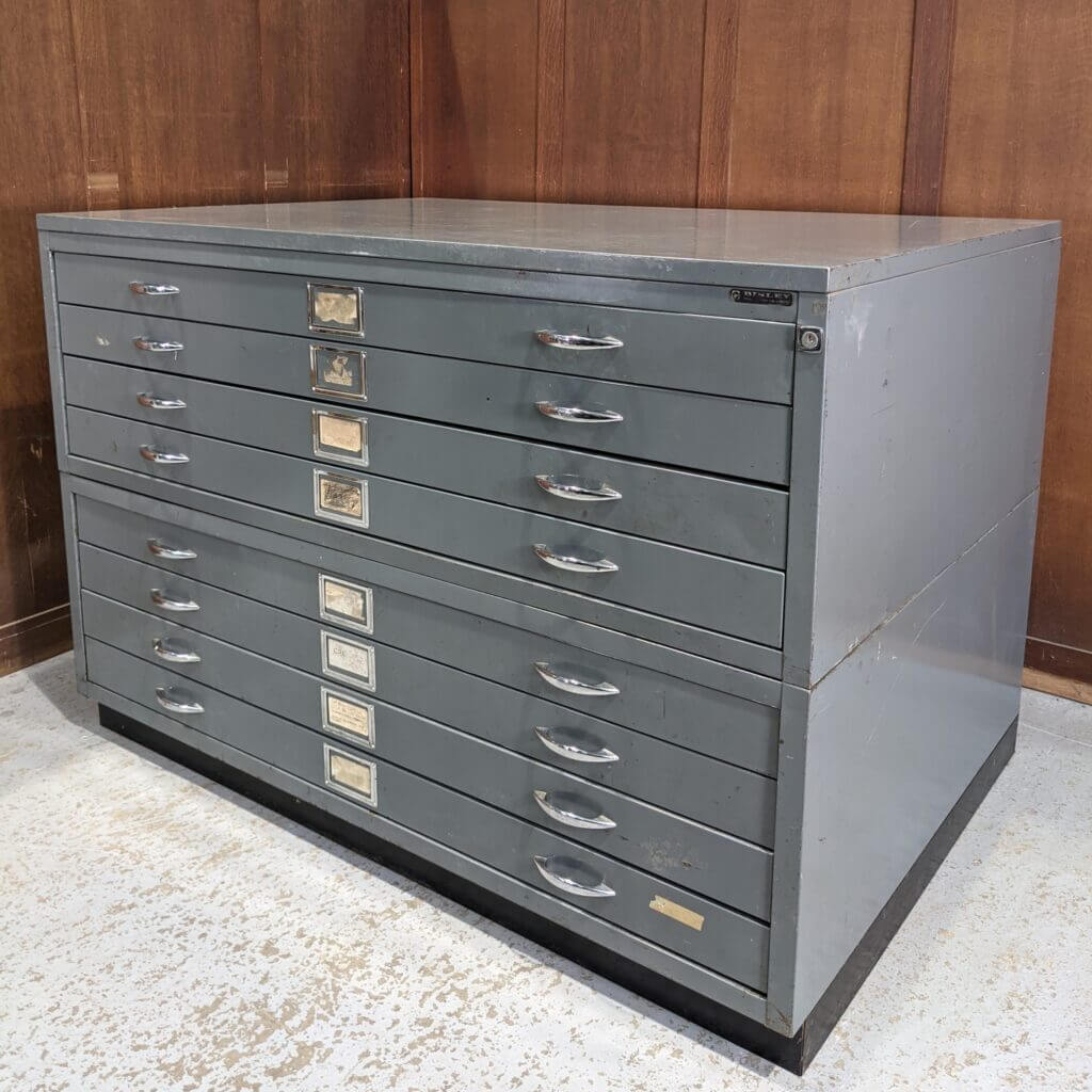 St Joseph's Northolt Vintage Large Grey Painted Steel Plan Chest Vestment Chest (SOLD) Antique