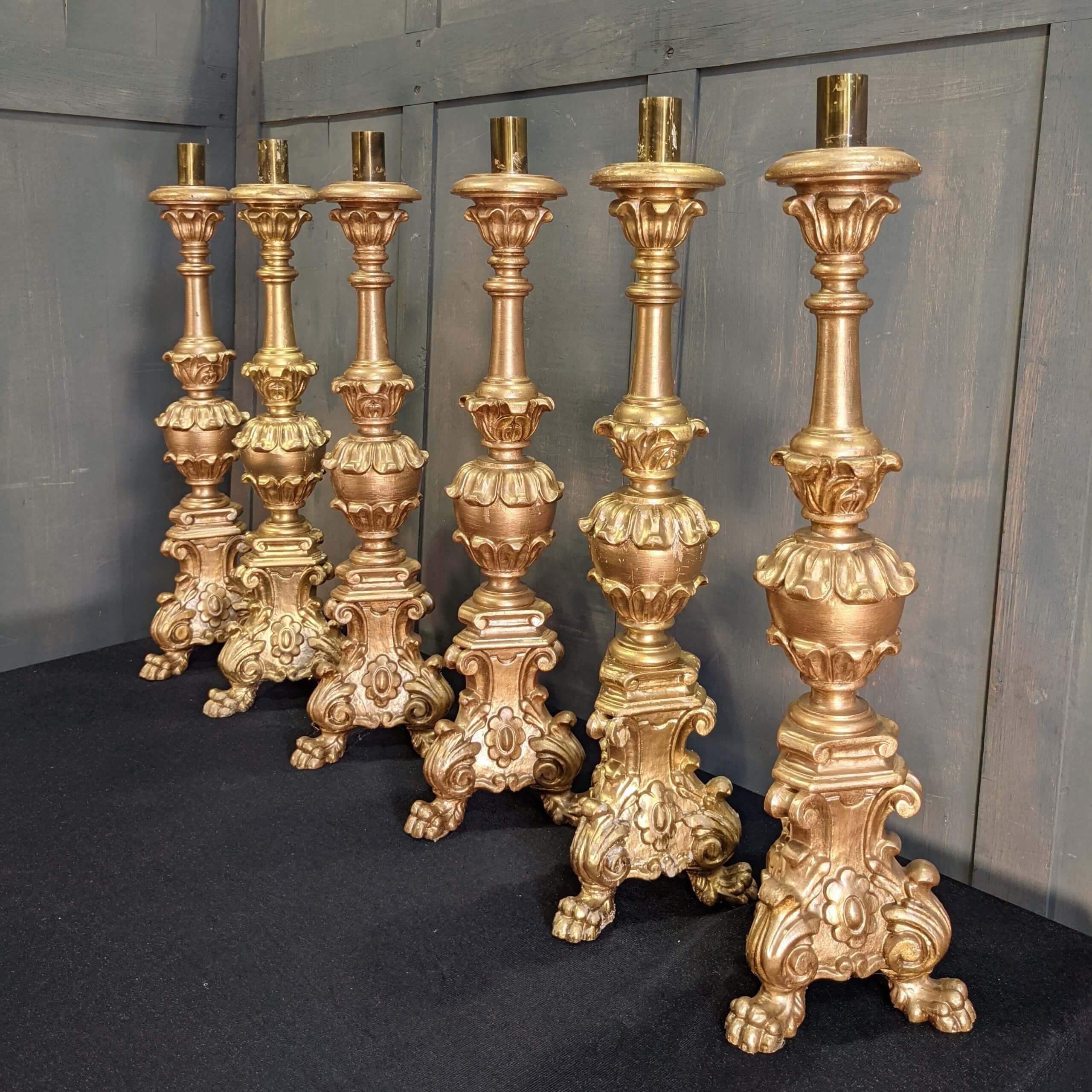 Carved Wooden Vintage Baroque Style 'Big 6' Church Altar Candlesticks Set  (SOLD) - Antique Church Furnishings