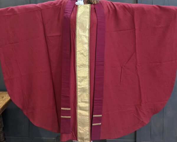 Very Large Maroon Chasuble Lined with Bright Red Silk, Large Gold Orphrey & Stole