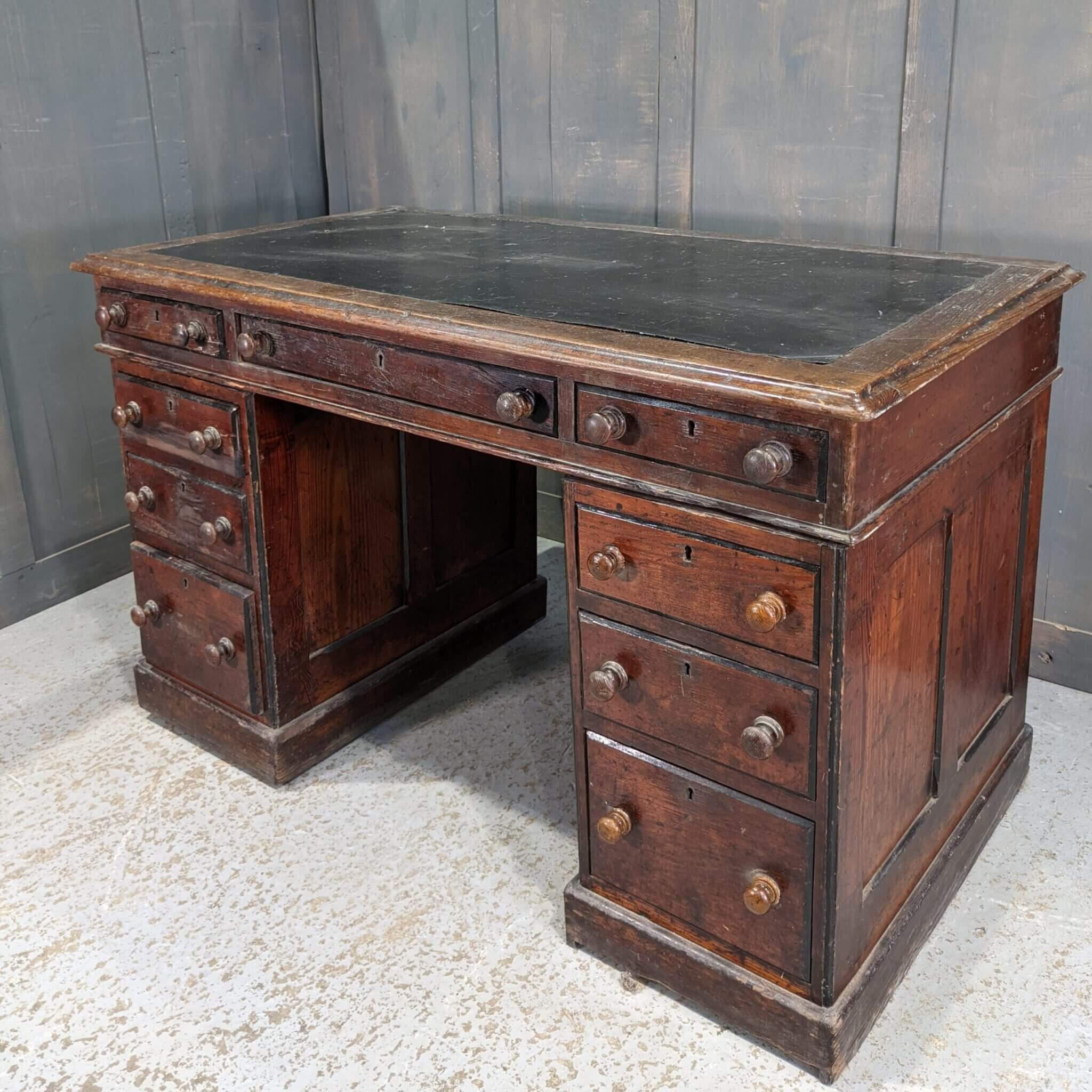Crypt Find Smaller Size Antique Pitch Pine Office Desk with Nine
