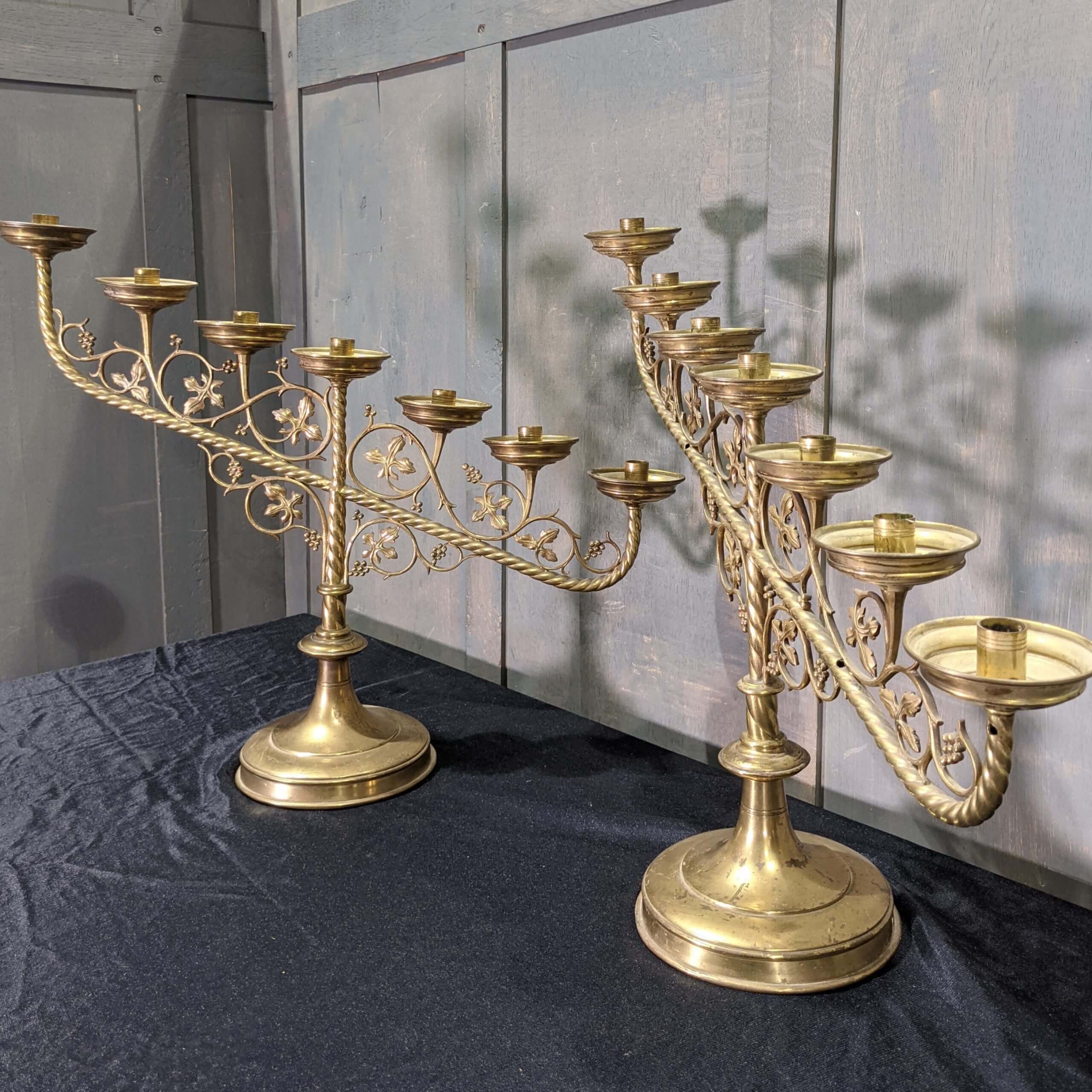 Pair of Ornate Brass Seven Branch Belgian Benediction Church Candlesticks  Candelabra (SOLD) - Antique Church Furnishings