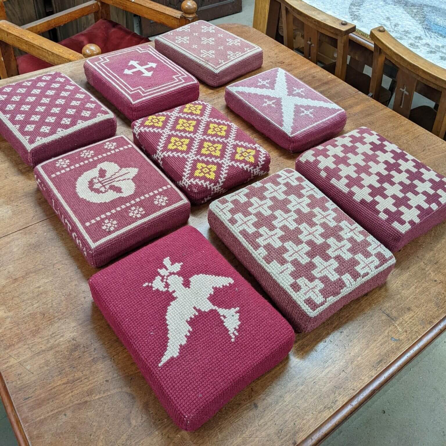 Hand Embroidered Burgundy Themed Church Cushions Kneelers Hassocks