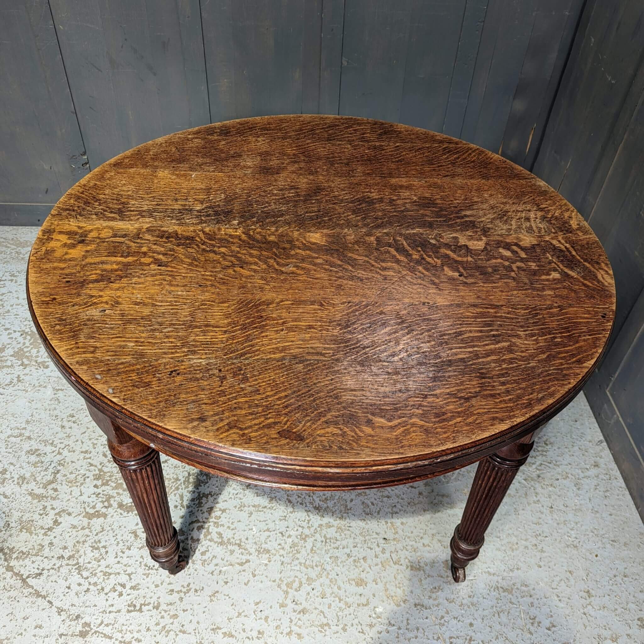 Antique Regency Style Oak Wind Out Table with Fluted Legs & Original