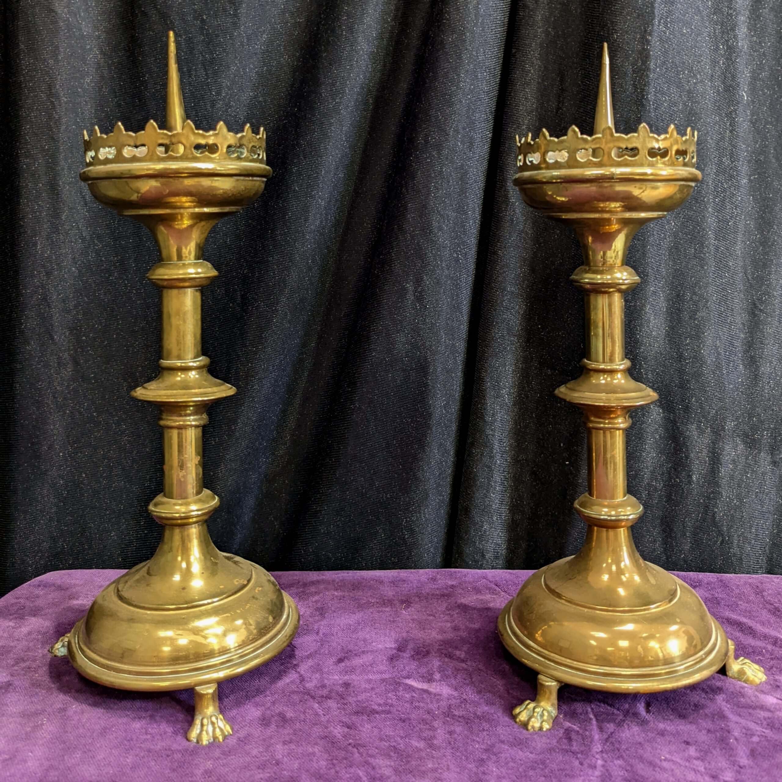 Pair of Gothic brass pricket candlesticks - Marhamchurch Antiques