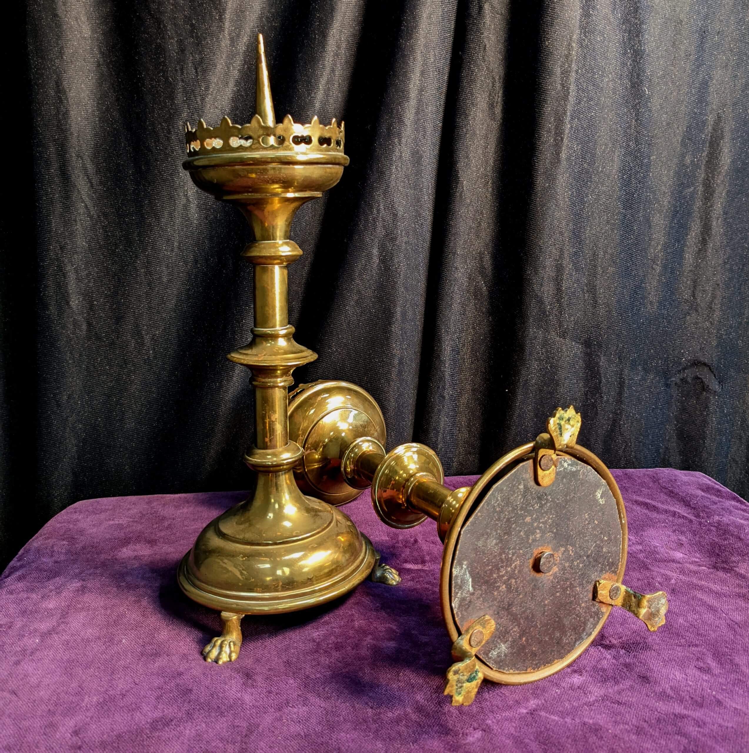 Antique Pair of Brass Ecclesiastical Gothic Claw Footed Pricket Candle  Holders (SOLD) - Antique Church Furnishings