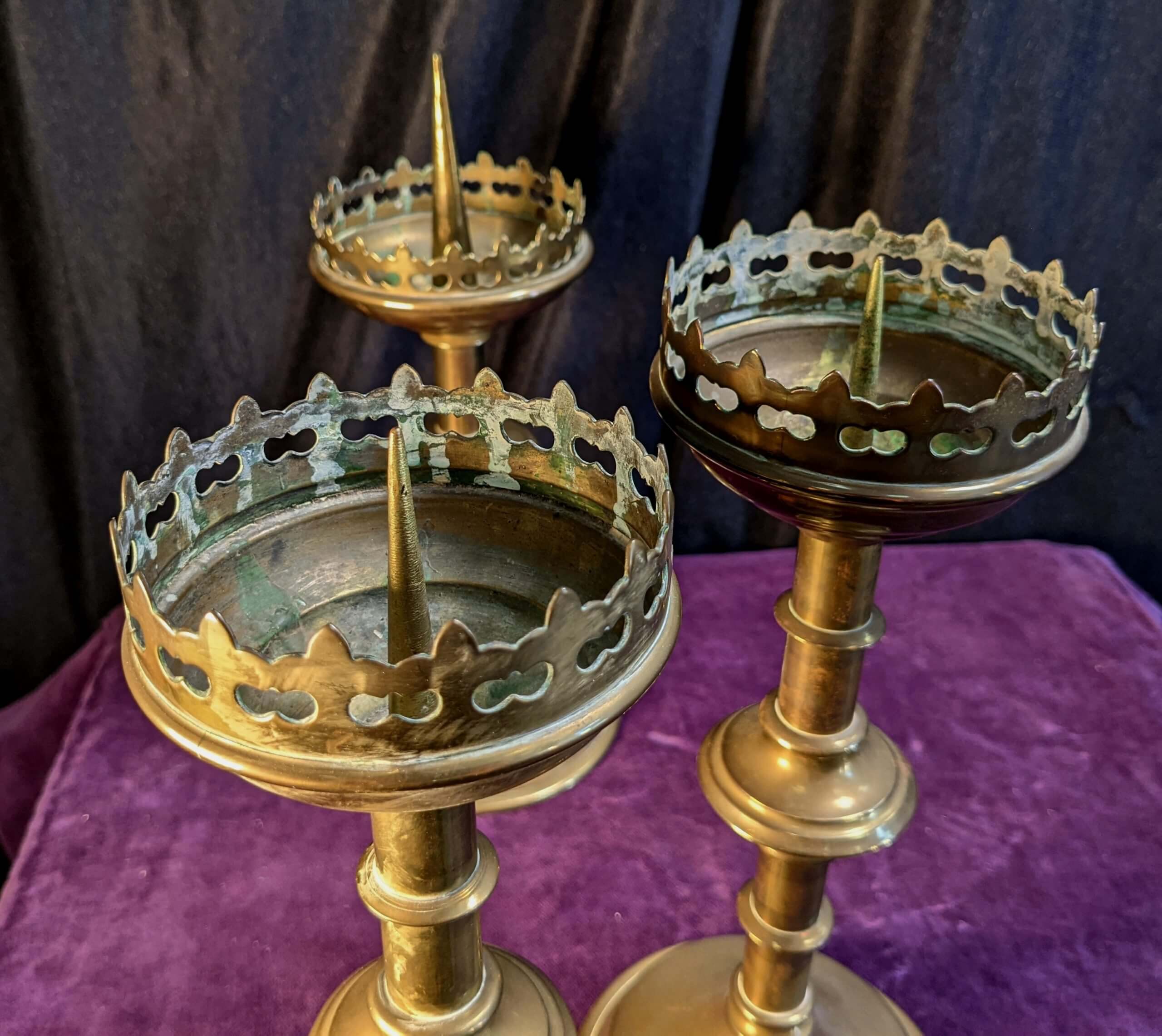 Three Antique Brass Pricket Gothic Church Candle Sticks Holders
