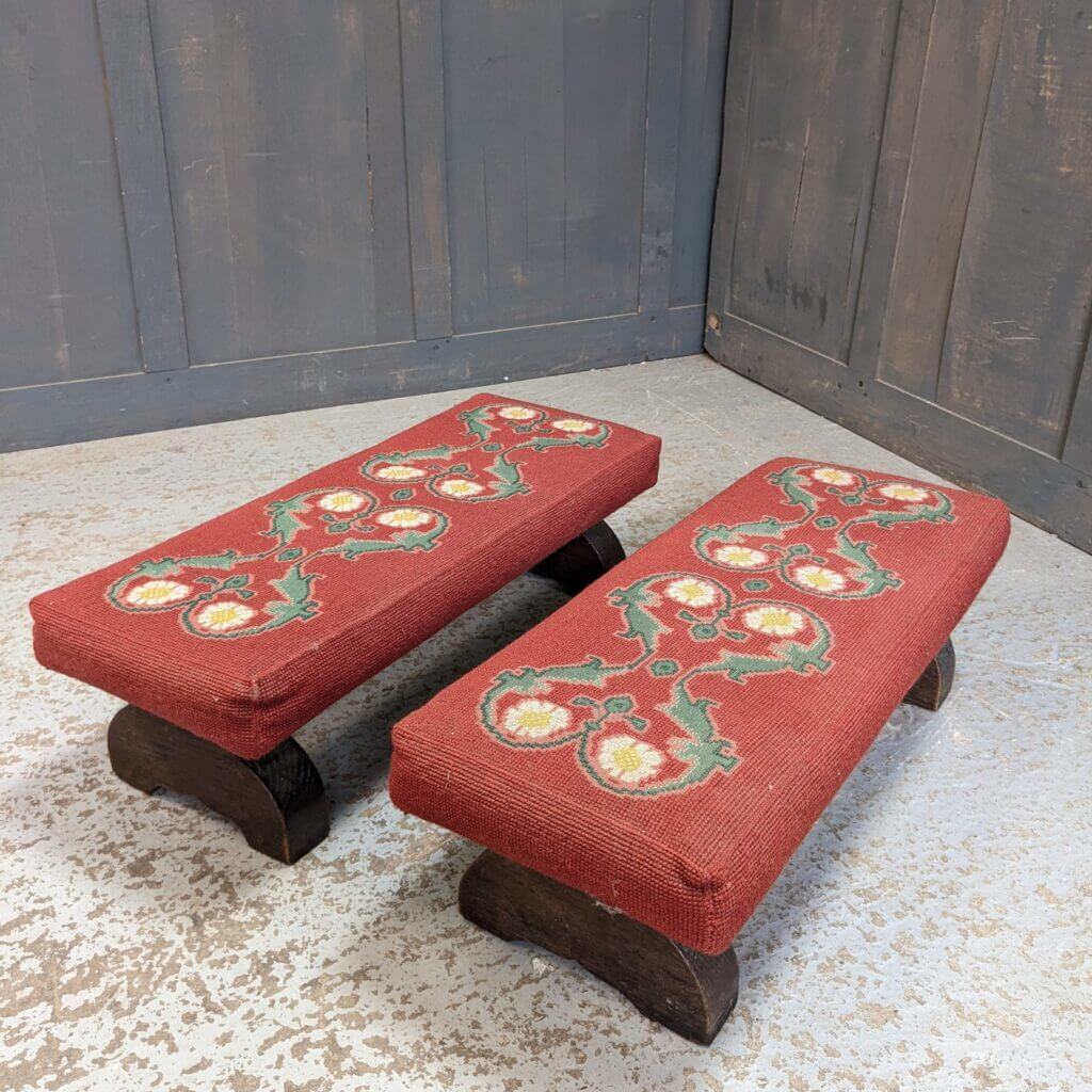 Pair of Antique Oak & Red Floral Church Kneelers (SOLD) Antique Church Furnishings