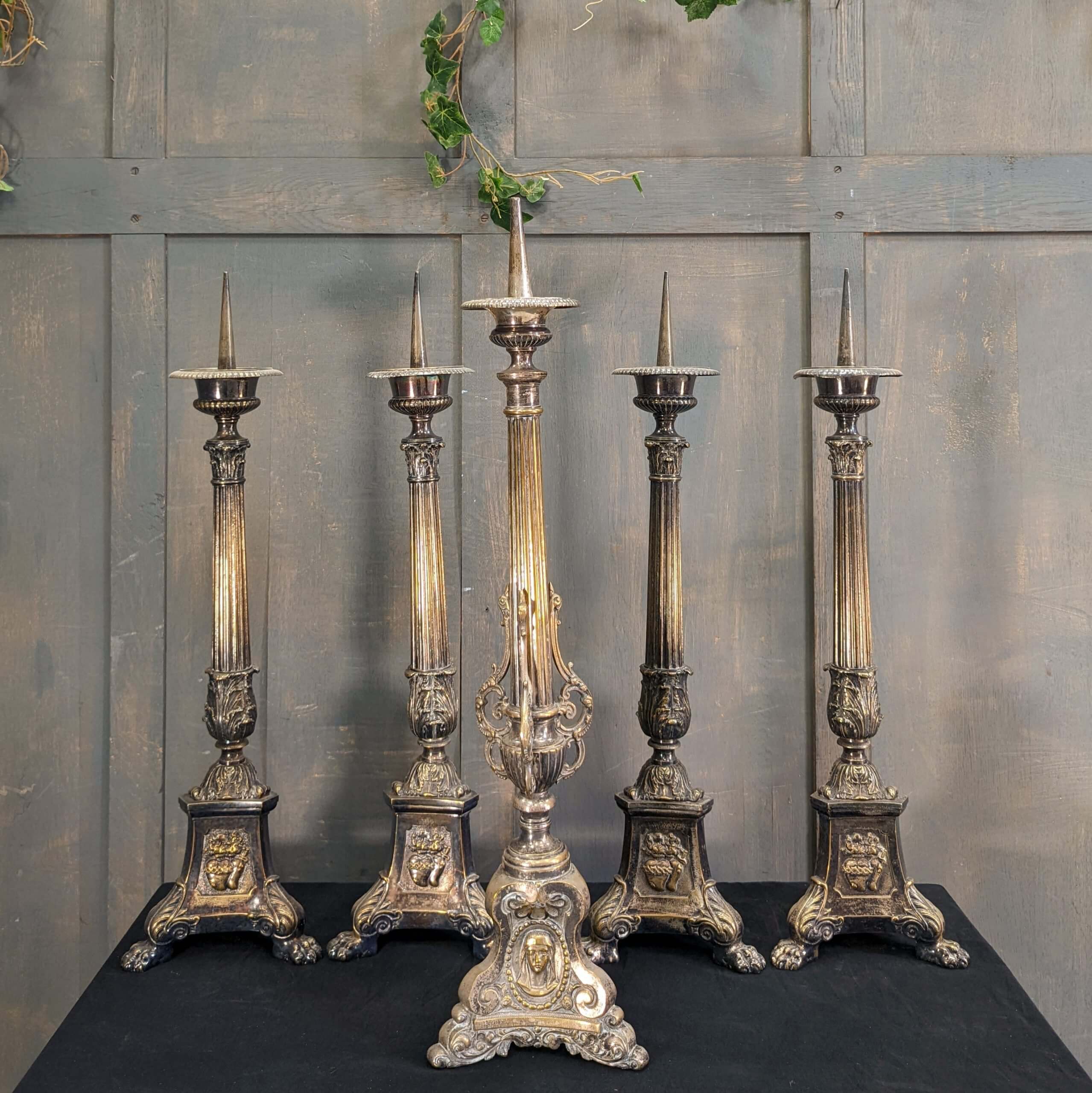 Large Antique French Church Altar Set of Four Pricket Candlesticks with  Fifth Central Stick (SOLD) - Antique Church Furnishings