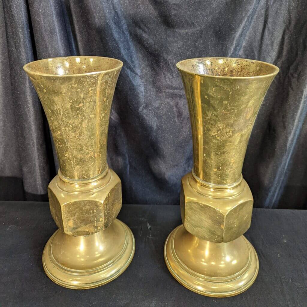 Pair Vintage Very Heavy Brass Church Flower Vases with Hexagonal Bowls