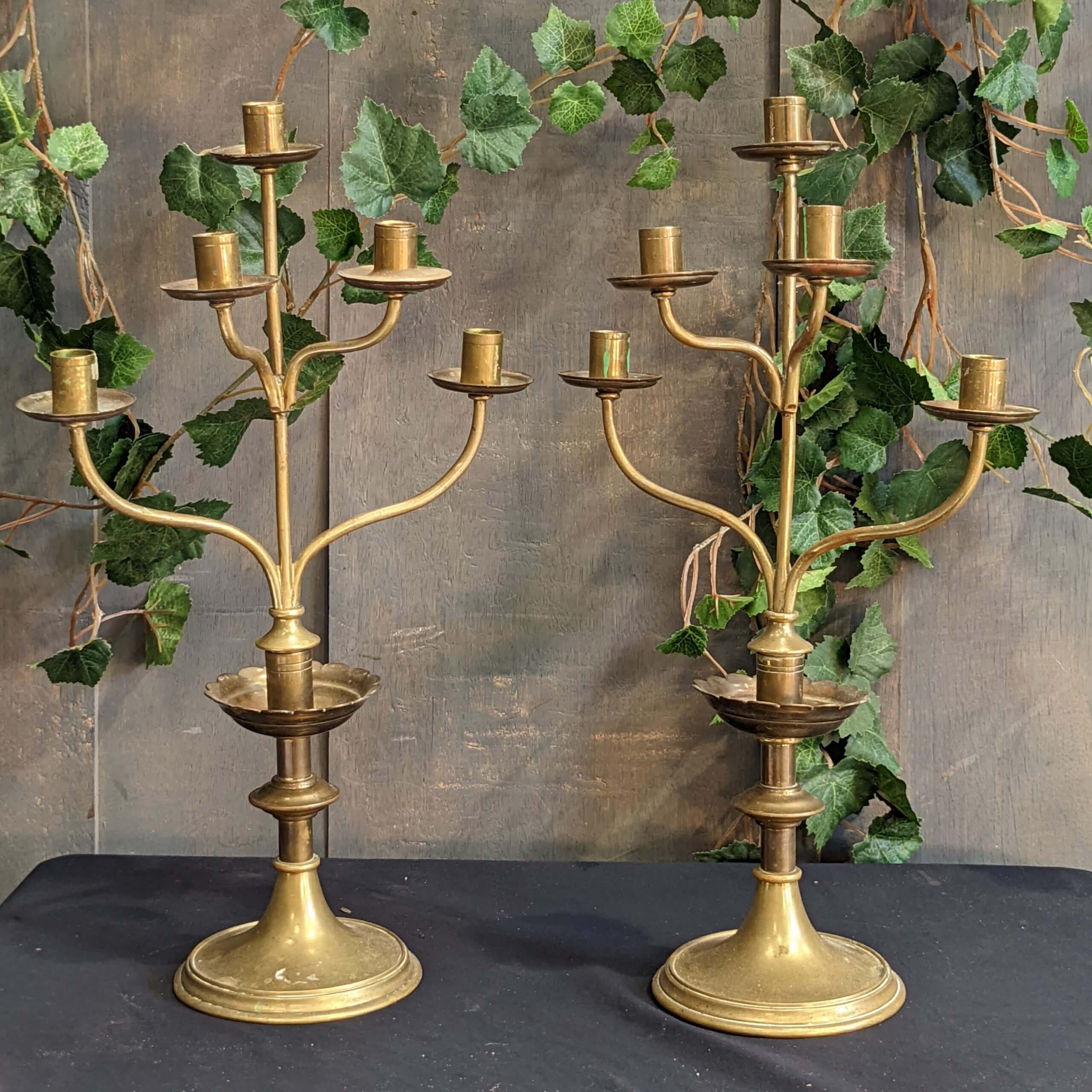 Pair of Vintage Brass Ecclesiastical 'Tree Branch' Five Light Benediction  Candelabra (SOLD) - Antique Church Furnishings