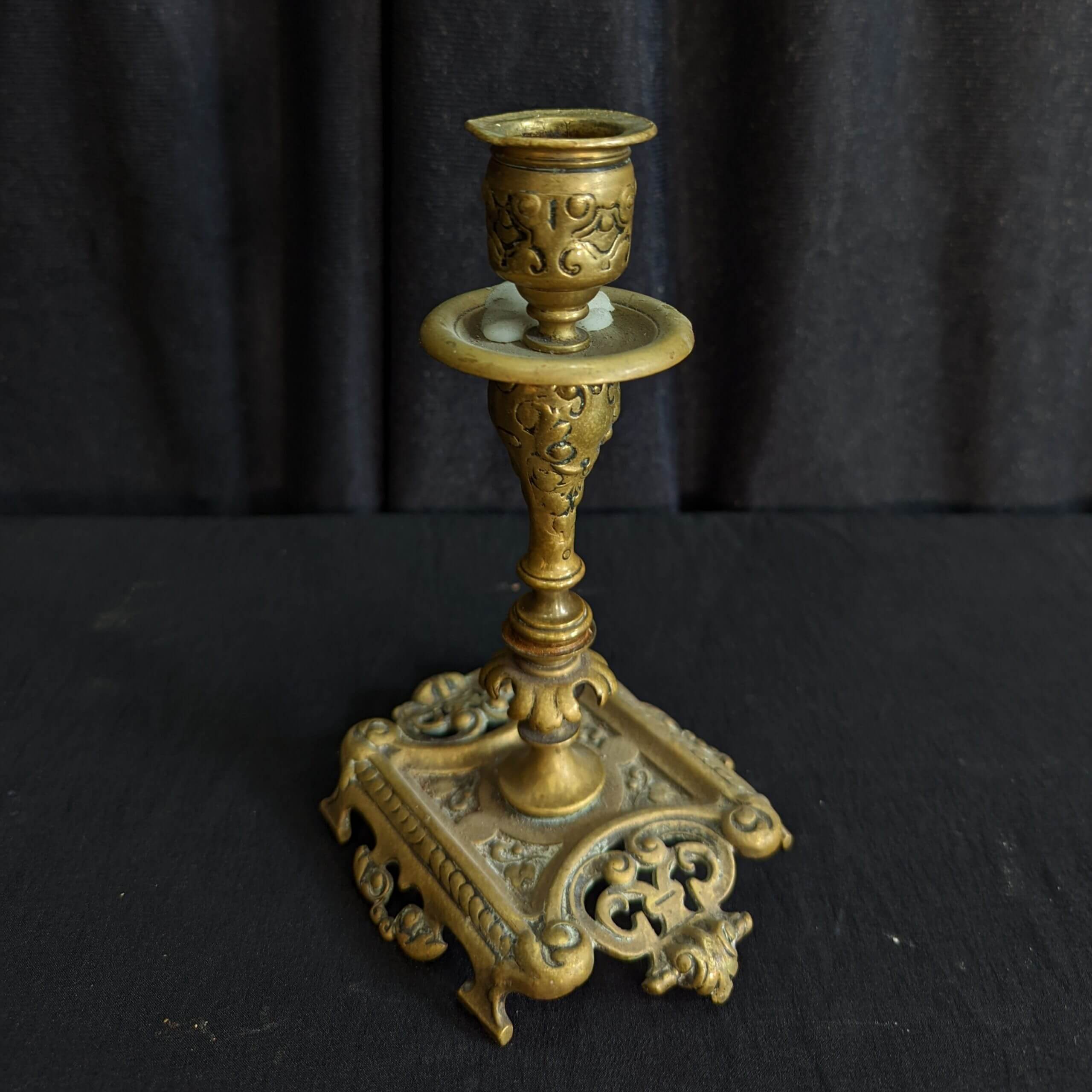 Highly Ornate & Decorative Antique Small Brass Baroque Style Candleholder  (SOLD) - Antique Church Furnishings