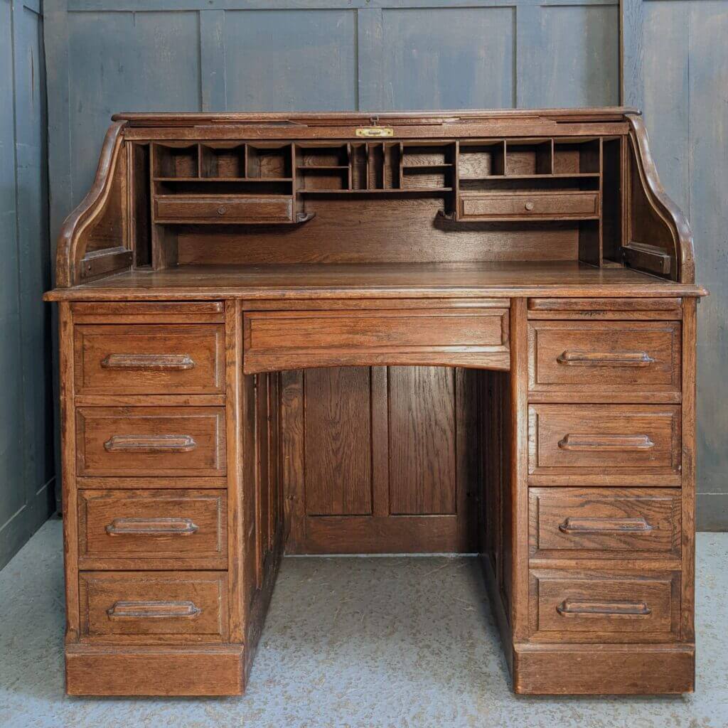 William Angus Antique 1910 Oak Large Roll Top Desk with Field Panels