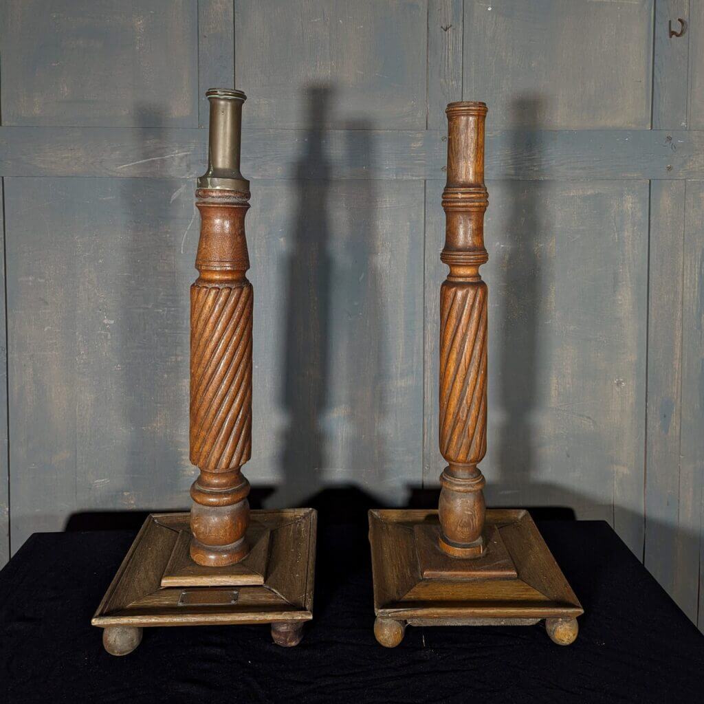 Unusual Nearly Large Matching Pair of Vintage Oak Church Candlesticks