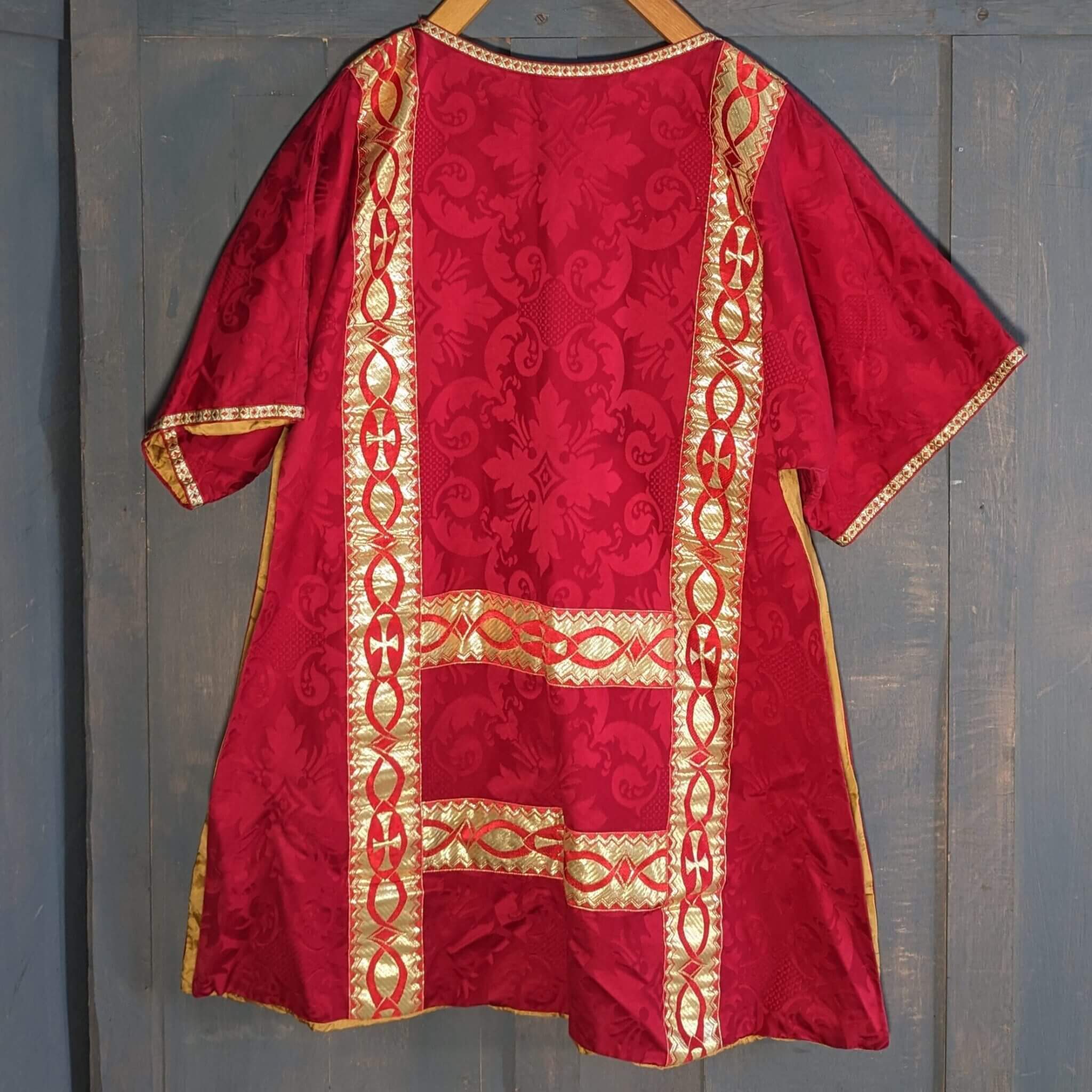 Red Gothic Silk Dalmatic With Gold Red Orphreys In Double H Pattern red-gothic-silk-dalmatic-with-gold-red-orphreys-in-double-h-pattern