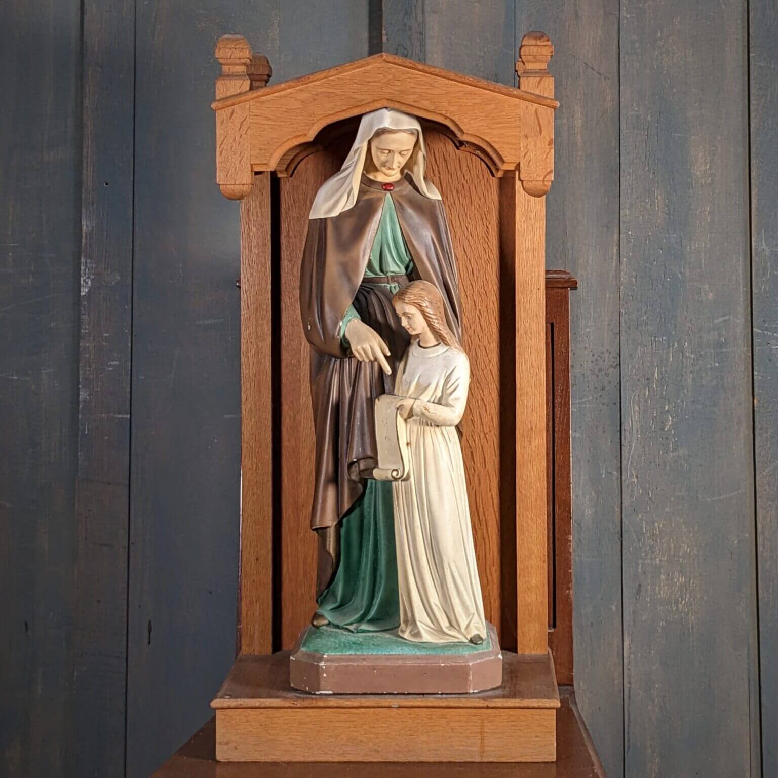 Mid Century Religious Statue of St Anne with Mary in Oak Niche (SOLD) Antique Church Furnishings
