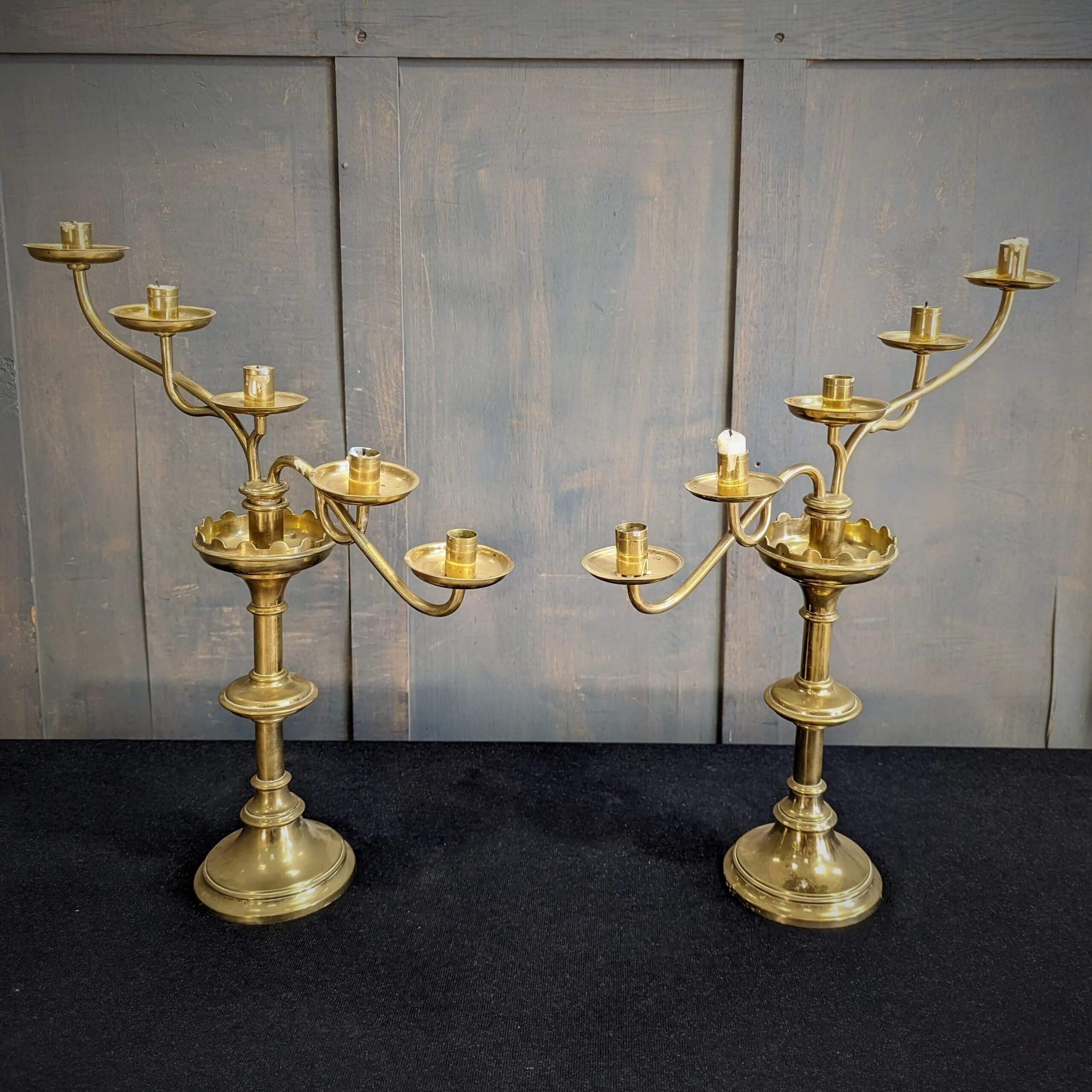 Antique Good Quality Iron Weighted Brass Five Branch Benediction Candelabra  (SOLD) - Antique Church Furnishings