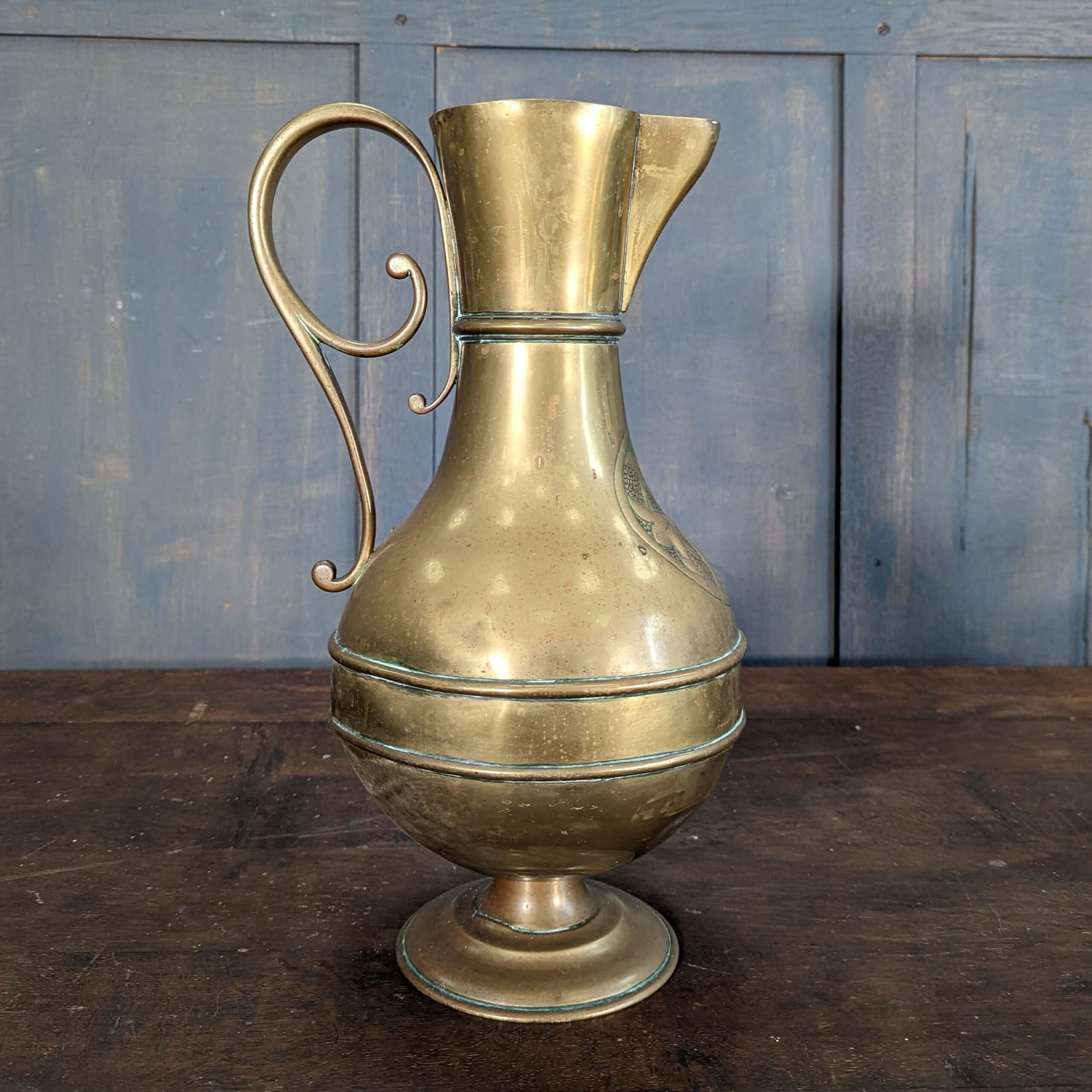Antique Victorian Brass Church Baptismal Ewer Jug with Embossed Cross  (SOLD) - Antique Church Furnishings