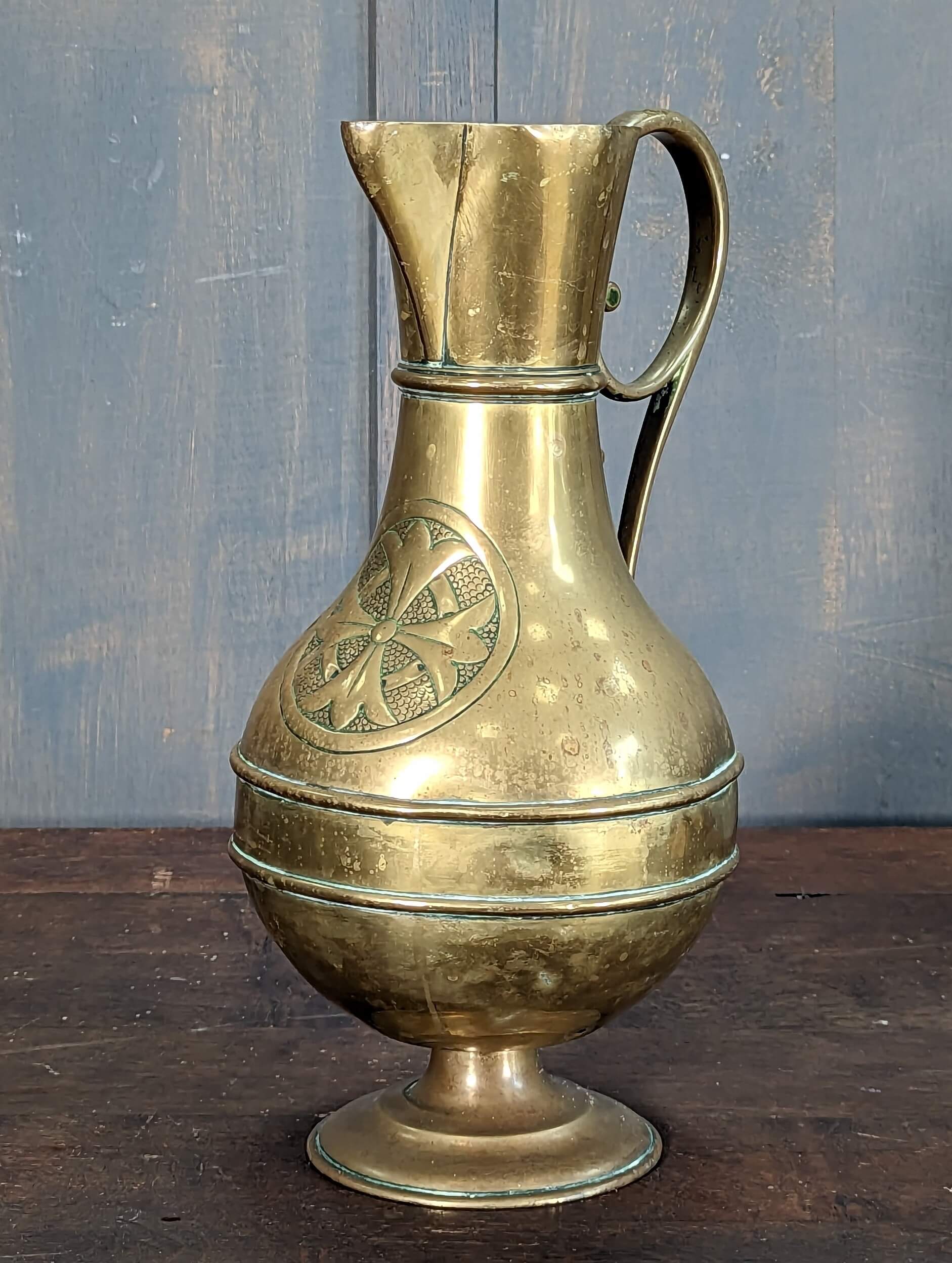 Antique Victorian Brass Church Baptismal Ewer Jug with Embossed