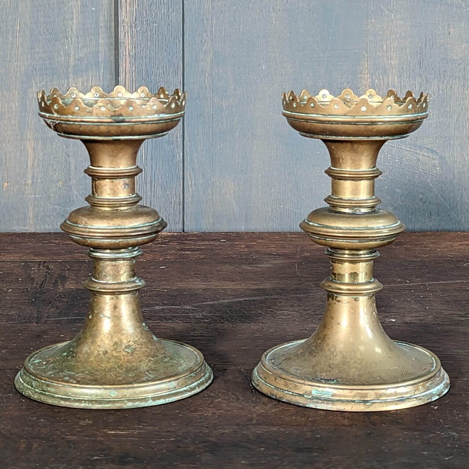 Pair of Heavy Small Gothic Church Pricket Candlesticks (SOLD) Antique