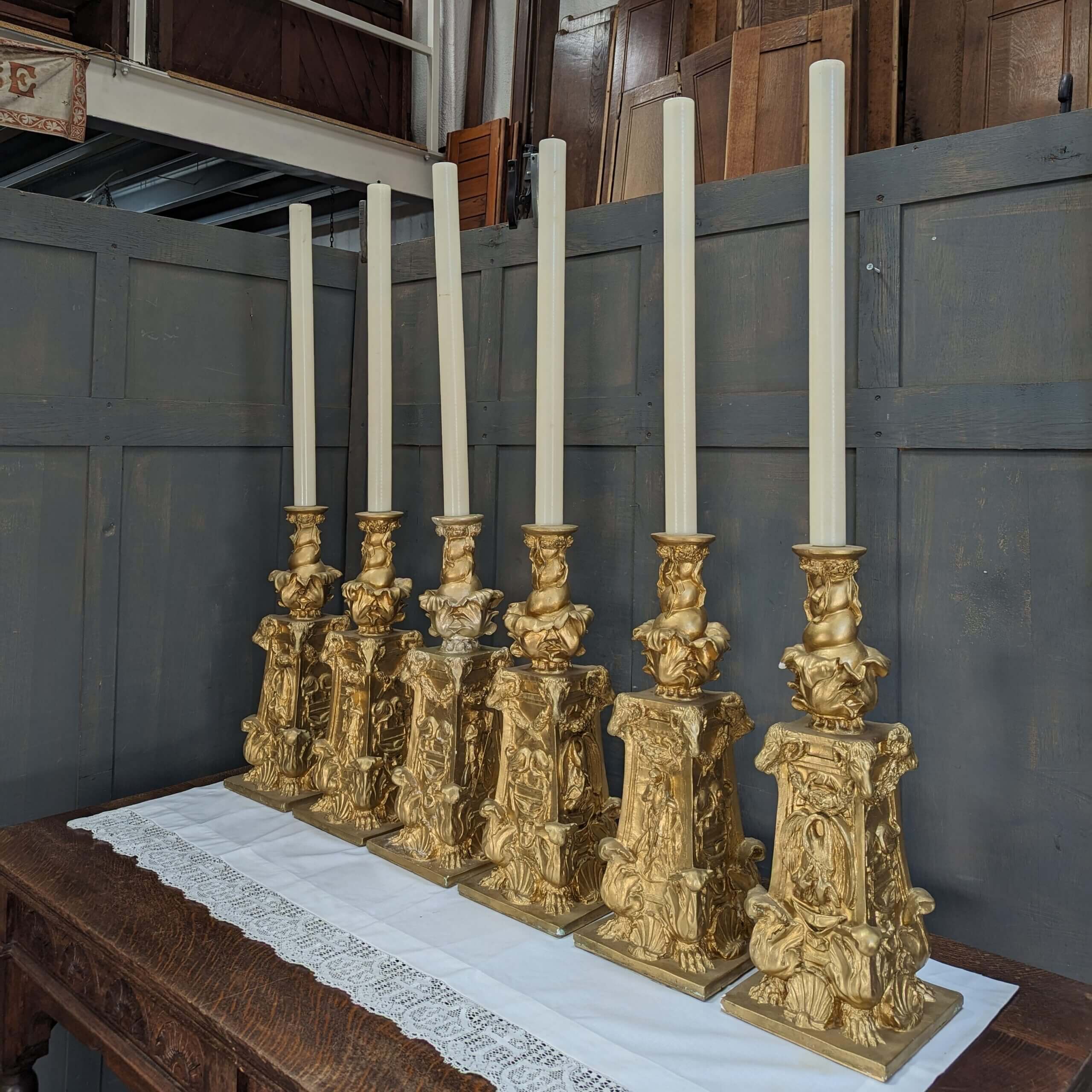 Spectacular Gold Plaster of Paris Big Six Altar Candlesticks