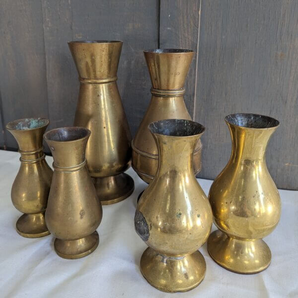 Six Nonmatching Antique Brass Church Flower Vases - CLEARANCE