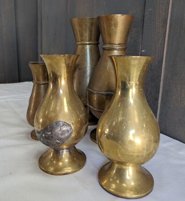 Six Nonmatching Antique Brass Church Flower Vases - CLEARANCE