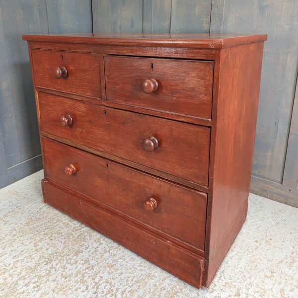 Small Red Painted Victorian Chest of Drawers from Deal Convent with Extra Large Bottom Drawer