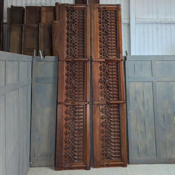 Two Long Excellent Quality Carved Pitch Pine Antique Gothic Panels with Faces