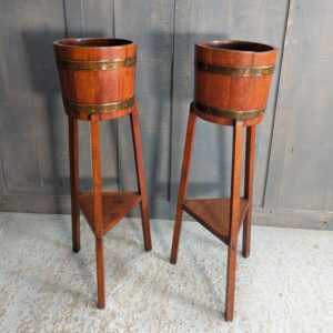 Pair of Oak & Brass Vintage 'Wine Barrel' Plant Stands from Deal Convent