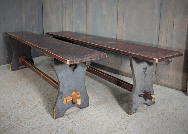 Simple Dark Stained Pine Refectory Style Benches with Heart Cutaways