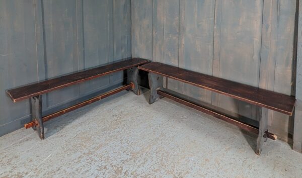 Simple Dark Stained Pine Refectory Style Benches with Heart Cutaways