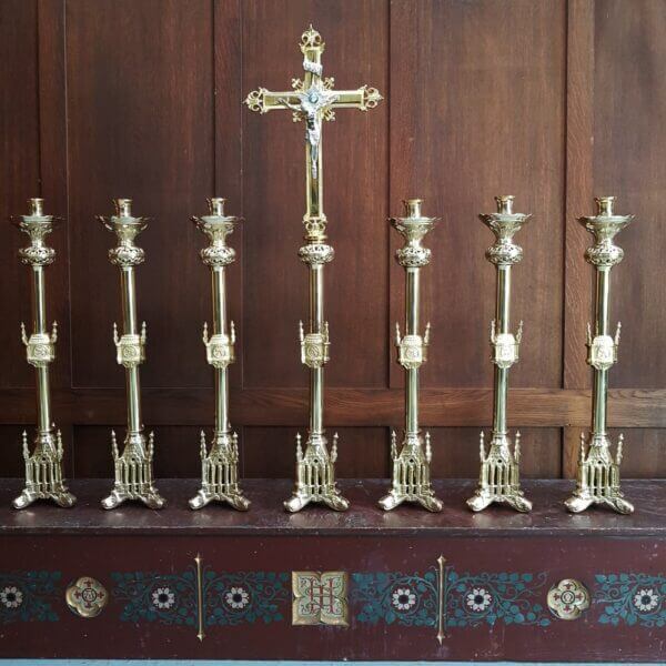 Gothic Highly Polished Solid Brass Altar Set Big Six and Crucifix