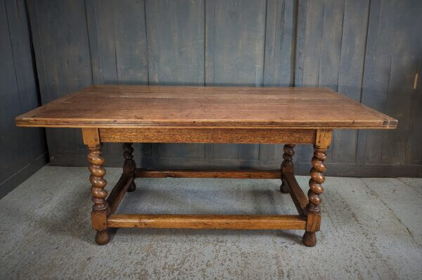 Medium Size Oak Plank Top Vintage Refectory Table with Barley Twist Legs