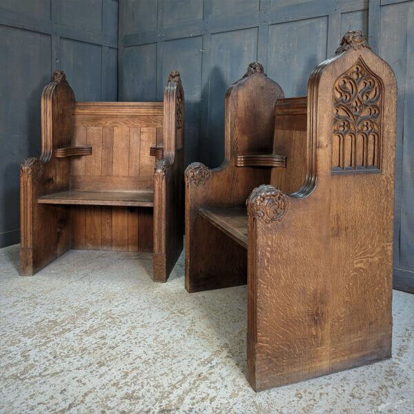 Very Fine & Heavy Antique Oak Gothic Bishops Chairs Thrones from St Mary's Northop Hall
