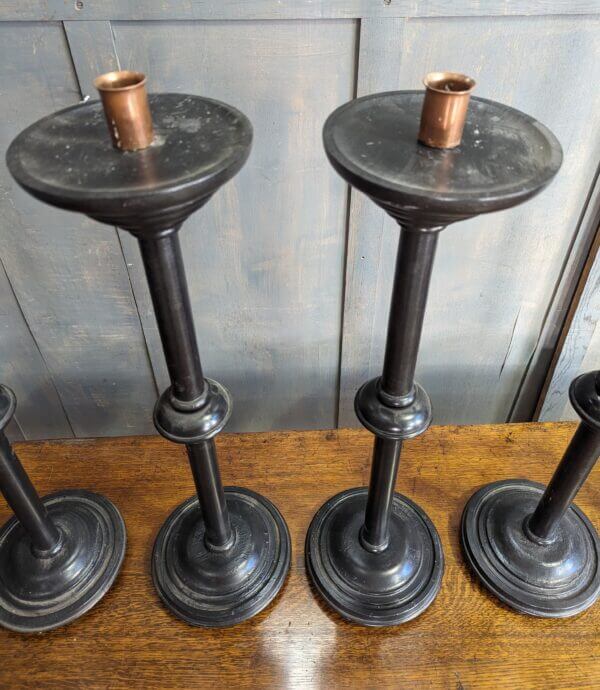 Black Lacquered Lead Weighted Mahogany Big 6 Set of Altar Candlesticks