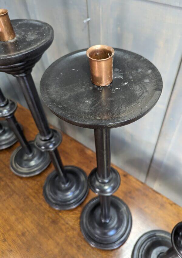 Black Lacquered Lead Weighted Mahogany Big 6 Set of Altar Candlesticks