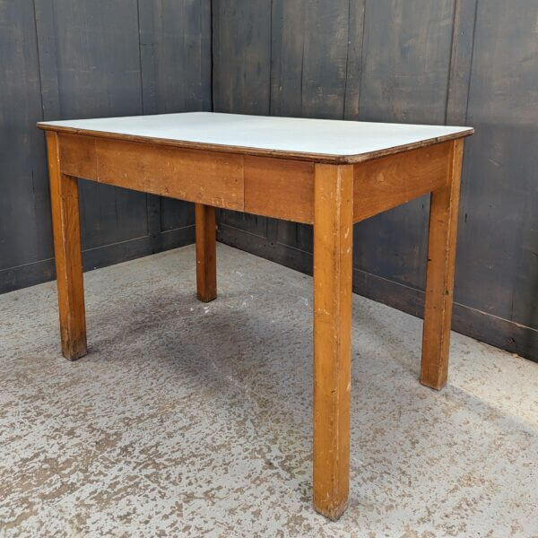 Mid Century Pale Check Patterned Formica & Hardwood Kitchen Table with Drawer
