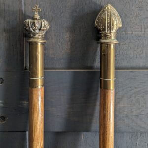 Two Good Quality Brass & Oak Crown & Mitre Wardens Staves
