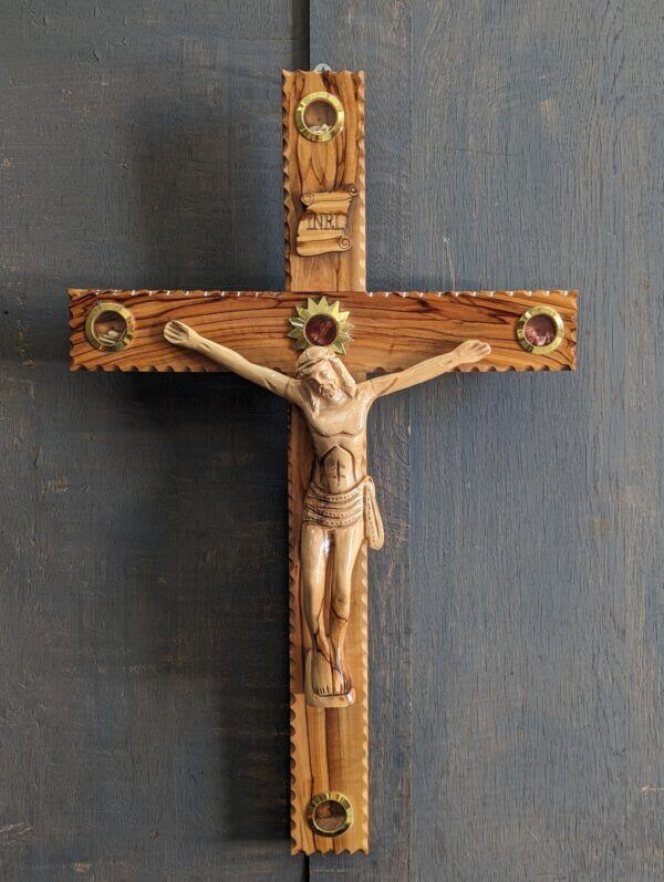 Larger Size Modern Holy Land Olive Wood Souvenir Crucifix with 5 Compartments
