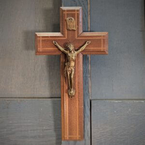 Simple Inlaid Teak & Gold Coloured Wall Crucifix from Deal Convent