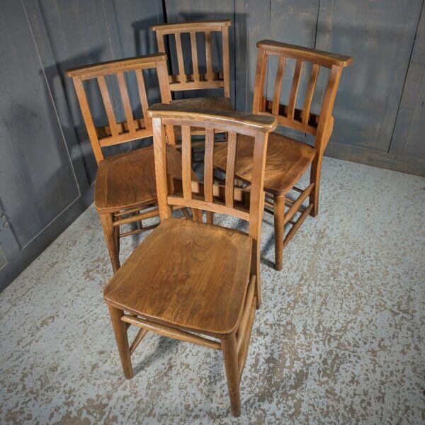 Set of 4 Very Clean Mid to Pale Elm & Beech Slatback Church Chapel Chairs from Priory Church Dunstable